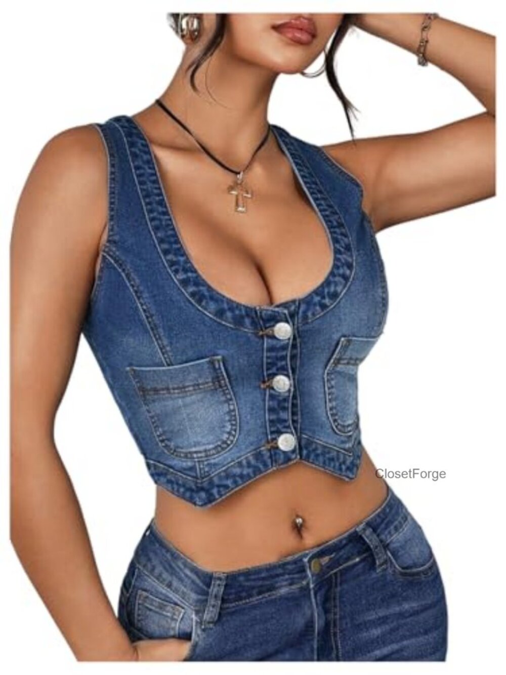Plus Size Denim Corset Vest Sleeveless Scoop Neck Button Front Crop Vest